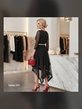 Zinochka Glamur Collection | Black Polka Dot Mesh Asymmetric Dress.US 16.